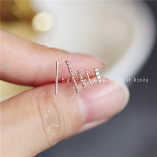 韩国进口纯14K金耳环 百搭麻花金线一字金棍子耳骨钉 K黄金耳钉
