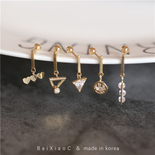 白小C韩国进口黄金纯14K金耳环一字吊坠三角爱心笑脸闪钻螺丝耳钉