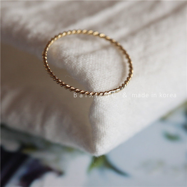 百搭单品 韩国进口纯14k金戒指 拧麻花素圈戒子 素圈关节戒尾戒