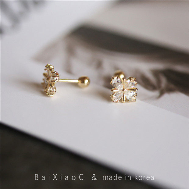 韩国进口纯14K金耳环 超精致十字花朵黄金耳钉 拧螺丝耳钉 球堵