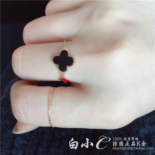 白小C 韩国进口纯14K金首饰 双花朵戒指软链戒子 可抽拉调节