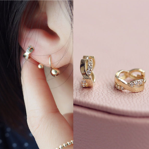 韩国进口纯10K14K金耳环 纽8字麻花镶钻 黄金耳骨耳圈耳扣