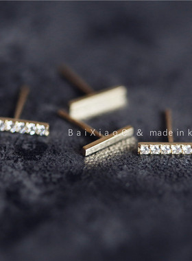 韩国进口黄金纯10K14K金耳环 简约光面满钻一字金杆耳骨纯金耳钉