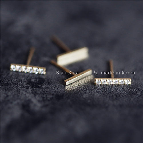 韩国进口10K光面满钻一字耳钉