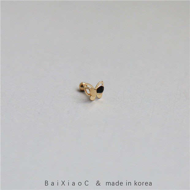 白小C韩国进口黄金14K/10K金耳环 森系双层小蝴蝶耳骨拧螺丝耳钉