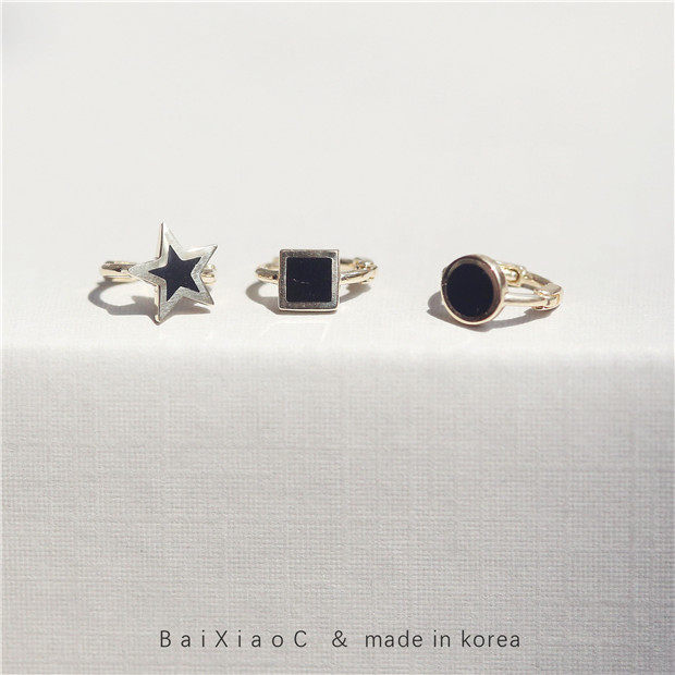 白小C 韩国进口黄金14K10K金耳环耳饰黑面星星圆形方形小耳扣耳圈