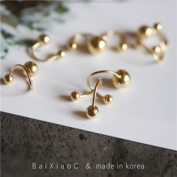 韩国进口纯14k黄金耳钉 双头弯杆金珠球k金耳环耳骨钉女款