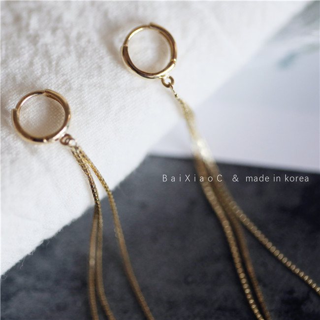 流苏耳扣金耳环韩国进口K金