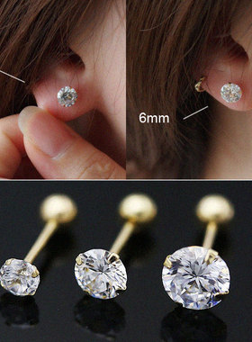 韩国进口纯10k14k金耳环 闪闪小单钻瑞钻双头圆球k黄金拧螺丝耳钉