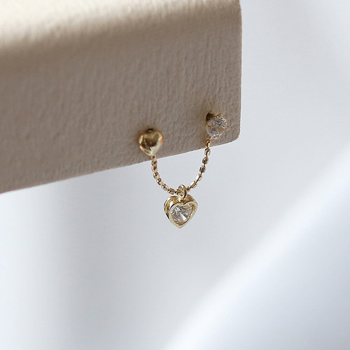 14K金连线耳钉爱心单耳双洞