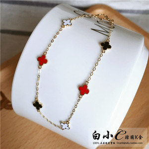 2023韩国进口14K纯金脚链 气质红黑白花朵黄金K金手链