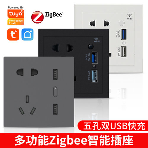 涂鸦 出口欧标ZigBee远程定时语音控制五孔带快充墙面86Wifi插座