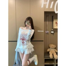 韩系白色印花斜肩长袖T恤女夏季宽松防晒罩衫设计感薄款百搭上衣