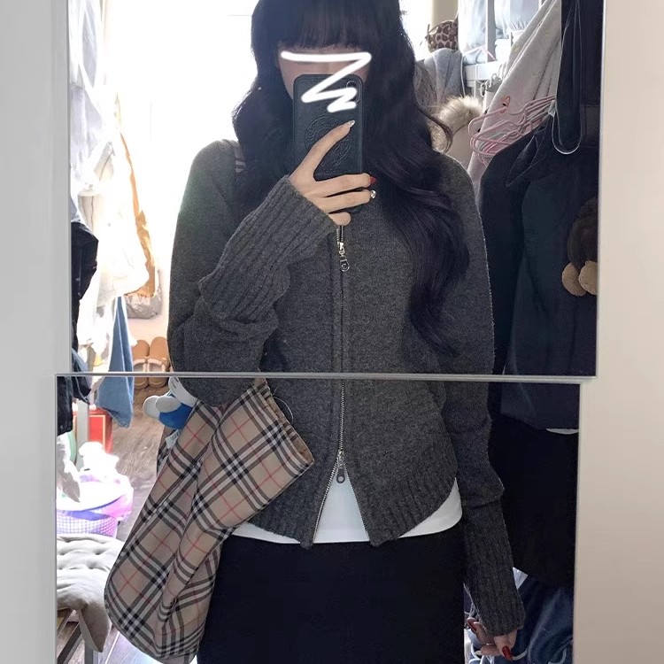 韩系双拉链短款毛衣外套女2025新款开春韩系穿搭针织开衫修身上衣