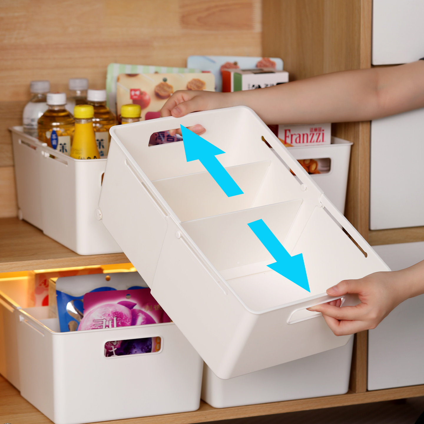 可伸缩收纳盒带隔板柜内零食筐