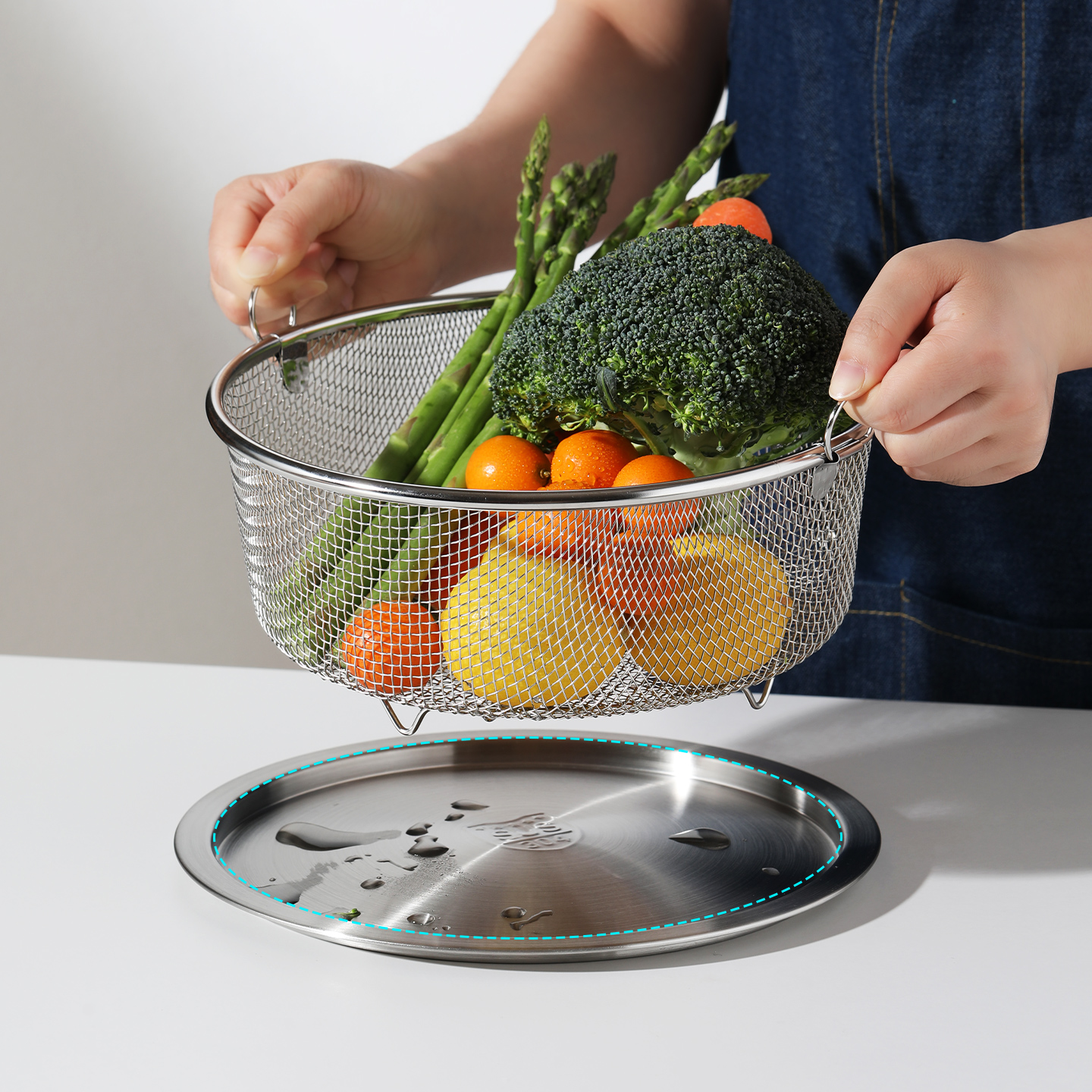 304不锈钢沥水篮带盖圆形洗菜篮
