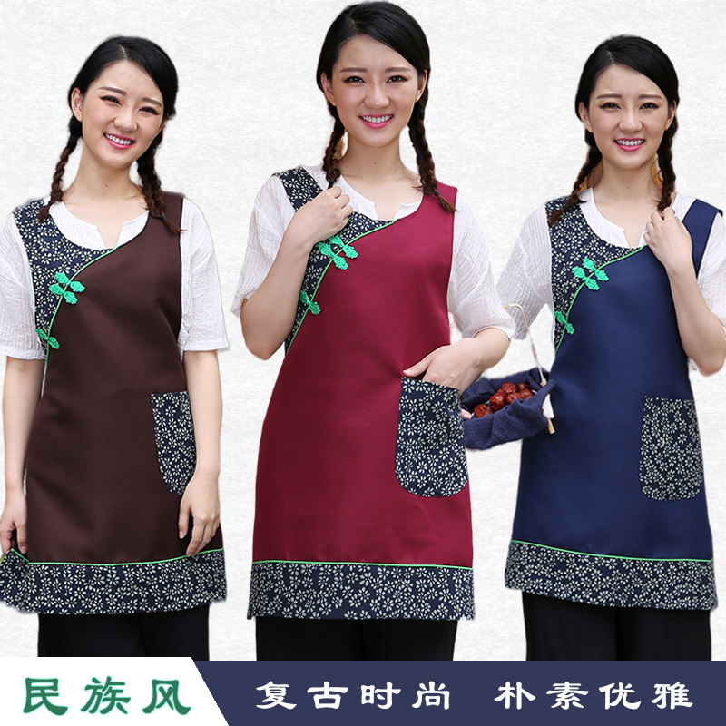 复古民族风围裙女特色厨房家用餐饮东北花布饭店服务员围腰印字