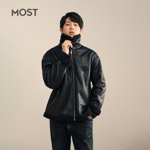 MOST男装羊剪绒外套男短款PU皮拼接羊羔毛C111104029