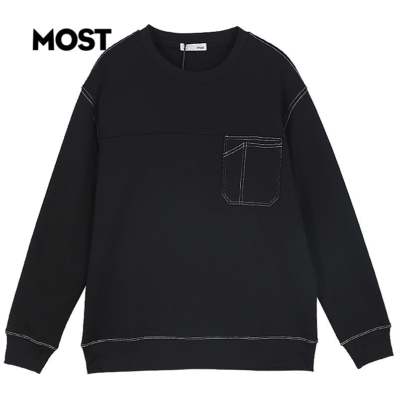 MOST/姆氏德男装黑色卫衣秋季简约圆领套头长袖宽松ins韩系辑明线