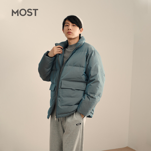 MOST男装镭射反光感宽松羽绒男立领短款冬白鸭绒外套C110120001