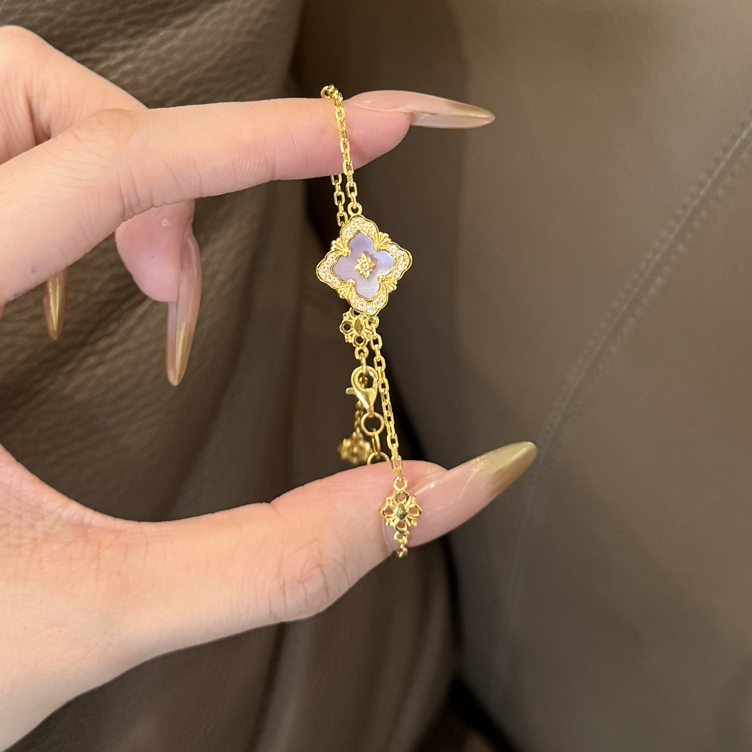 古法足金999水贝黄金布契满钻单片手链（粉）新款2025送礼送女友