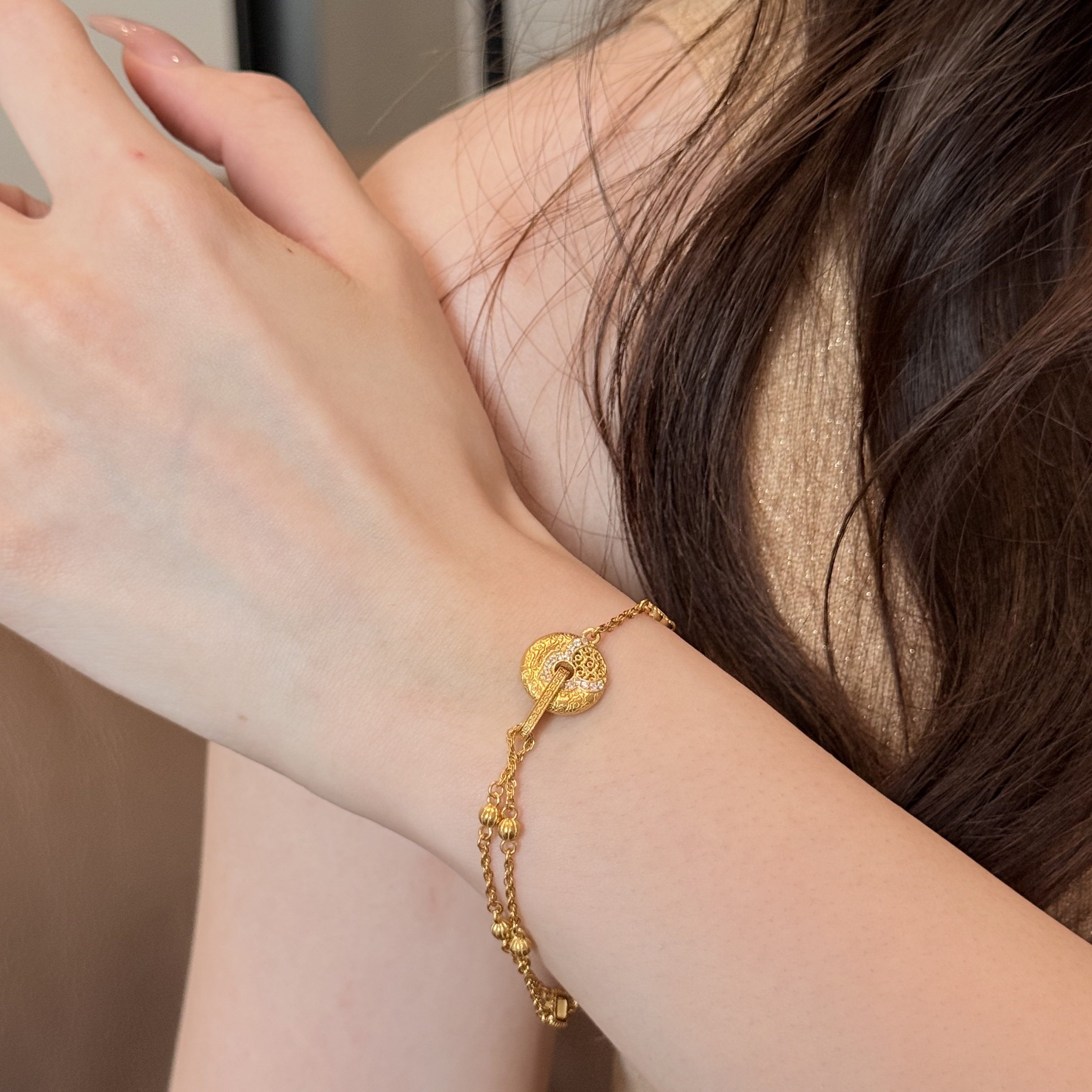 古法5D手串足金999水贝黄金福禄运转手链新款2025送礼送女友