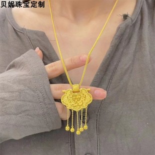 999足金古法天子门生锁包黄金吊坠新中式雍容华贵宫廷风俏皮流苏