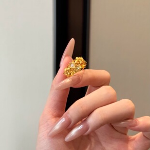 5D足金999镶嵌钻点钻中古鸢尾花戒指新款2025水贝黄金送礼送女友