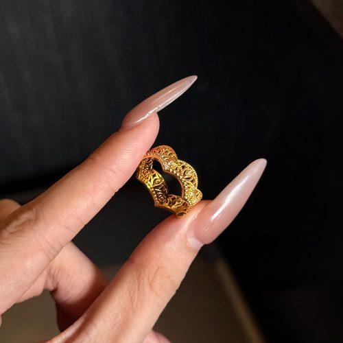 5D足金999镶嵌钻蕾丝皇冠戒指