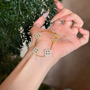 古法足金999水贝黄金水滴四叶五花手链蓝新款2025送礼送女友