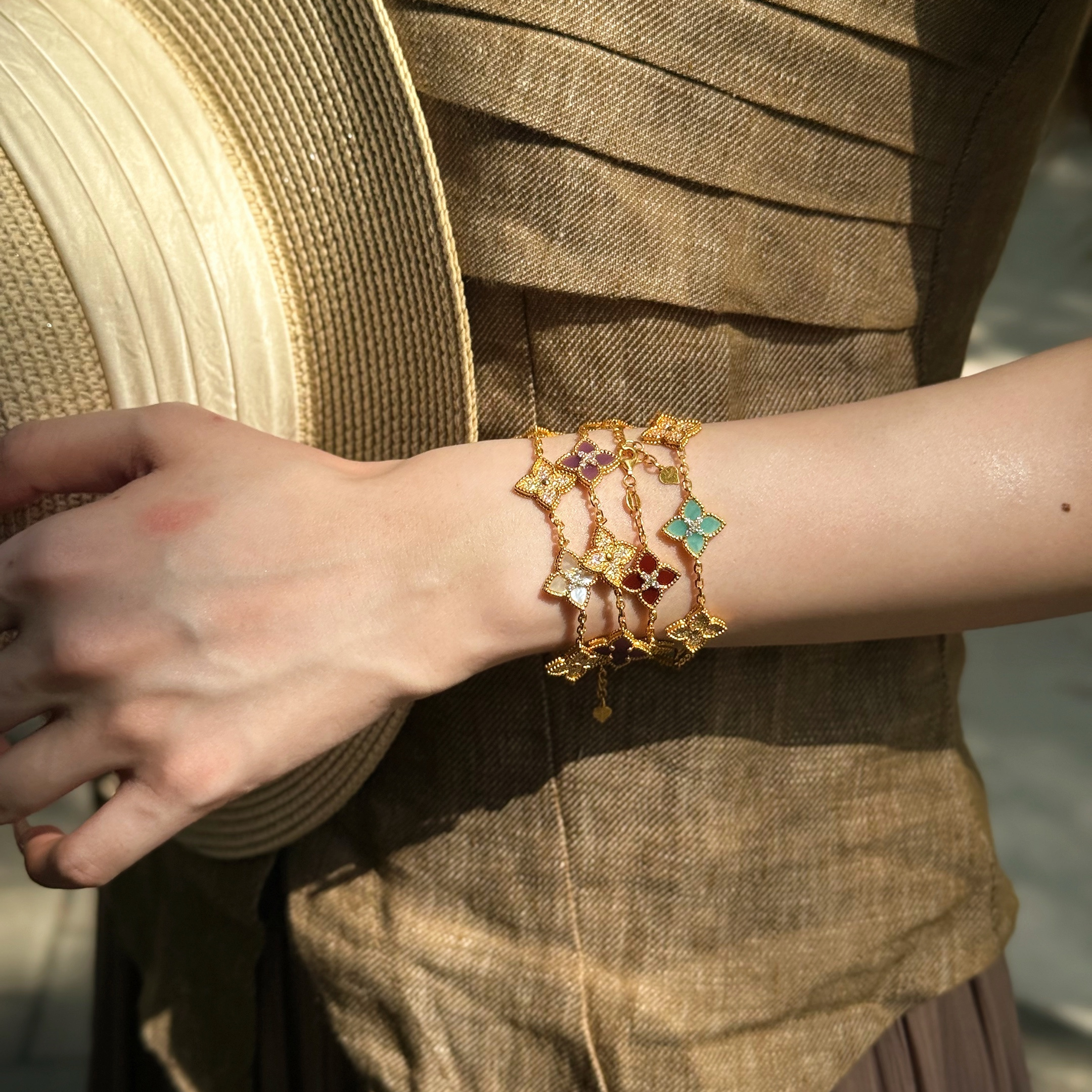 古法5D手串足金999水贝黄金中古风间钻五花白手链新款2025送礼