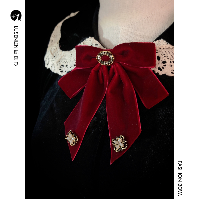 婚礼法式公主复古领结女红色丝绒斜角别针领花衬衫双层蝴蝶结装饰