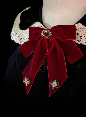 婚礼法式公主复古领结女红色丝绒斜角别针领花衬衫双层蝴蝶结装饰