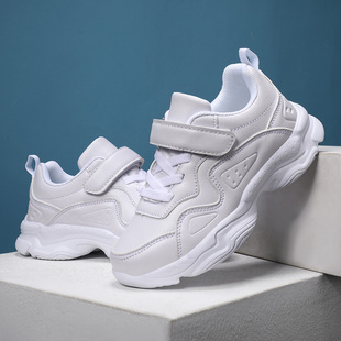 皮面防水儿童运动鞋男童鞋子女孩纯黑跑步鞋中大童40码学生小白鞋