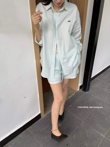 2026夏季新款韩版TTOO时尚百搭刺绣衬衫+高腰半身短裤两件套女潮