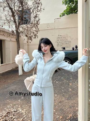 艾米AMY秋冬高级感拉链修身加绒长袖上衣+高腰宽松长裤两件套