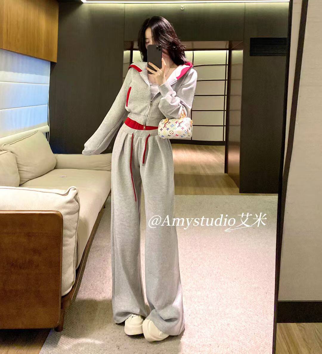 秋季美式辣妹时尚chicAMY高级感字母长袖卫衣背心宽松长裤三件套