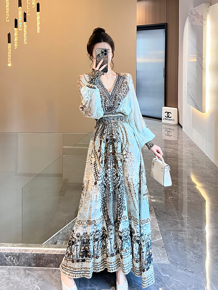 MISSNI 设计师原创罗马假日奢华印花真丝连衣裙显瘦桑蚕丝大摆裙
