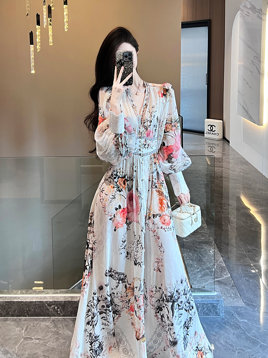 设计师度假风真丝印花收腰长裙
