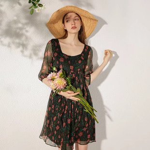 真丝碎花高腰连衣裙法式方领夏季名媛高端桑蚕丝花色宽松A字中裙