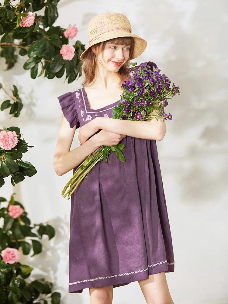气质时尚少女减龄亚麻娃娃裙女神荷叶边方领无袖连衣裙清新度假裙