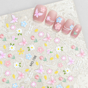 网红浮雕小花美甲贴纸新款春日蝴蝶小雏菊太阳花油画干花美甲贴花