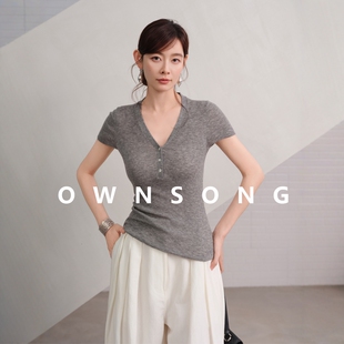 T恤夏V领弹力修身 短袖 上衣 80支超软羊毛针织衫 OWNSONG淡人bi入