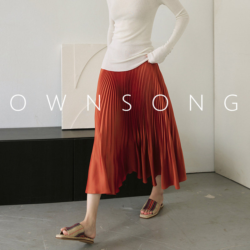 OWNSONG风琴韵律！缎面三醋酸光泽大摆A字百褶松紧长款半身裙
