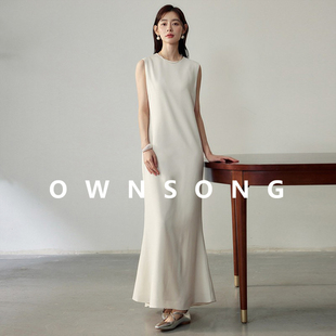 OWNSONG 大摆鱼尾连衣裙简约显瘦气质优雅长裙 黑白纯色醋酸无袖