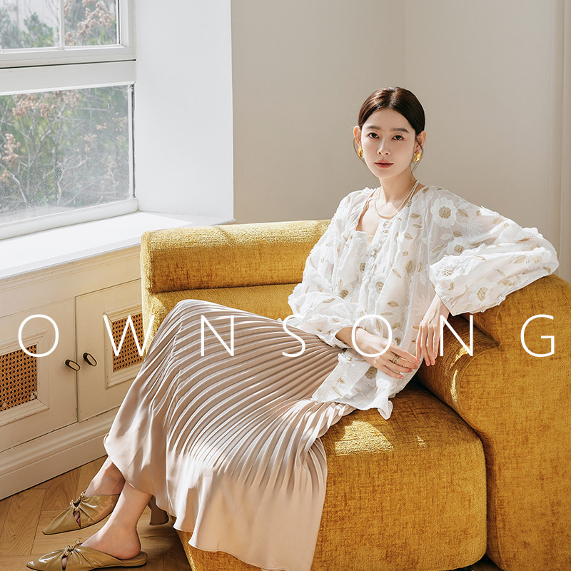 OWNSONG美炸！重工金线立体刺绣花朵棉衬衫圆领宽松垂感衬衣罩衫