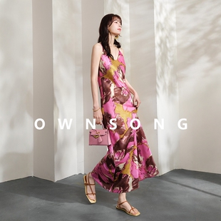 OWNSONG盛夏花卉 重磅醋酸光泽垂感印花吊带裙浪漫气质连衣裙夏