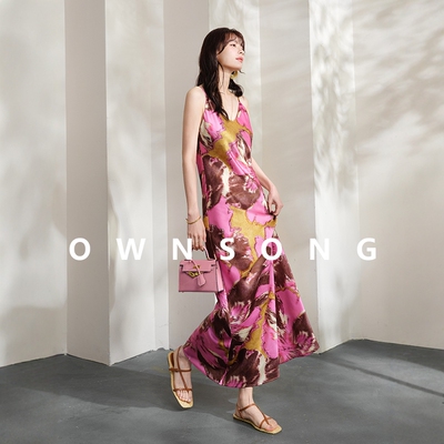 OWNSONG盛夏花卉 重磅醋酸光泽垂感印花吊带裙浪漫气质连衣裙夏