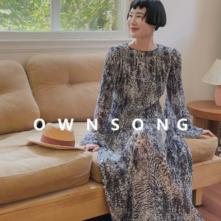 收腰显瘦气质长裙子 长袖 OWNSONG烟雨梦 印花连衣裙女大摆春秋夏季