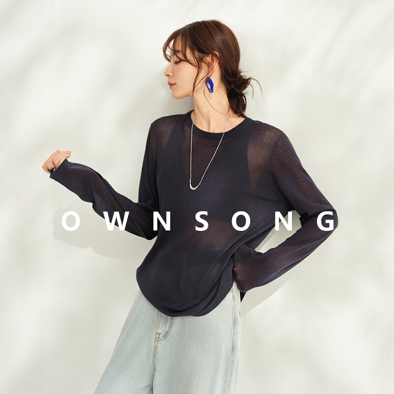 OWNSONG18针朦胧微透醋酸针织宽松长袖T恤女防晒条纹宽松罩衫